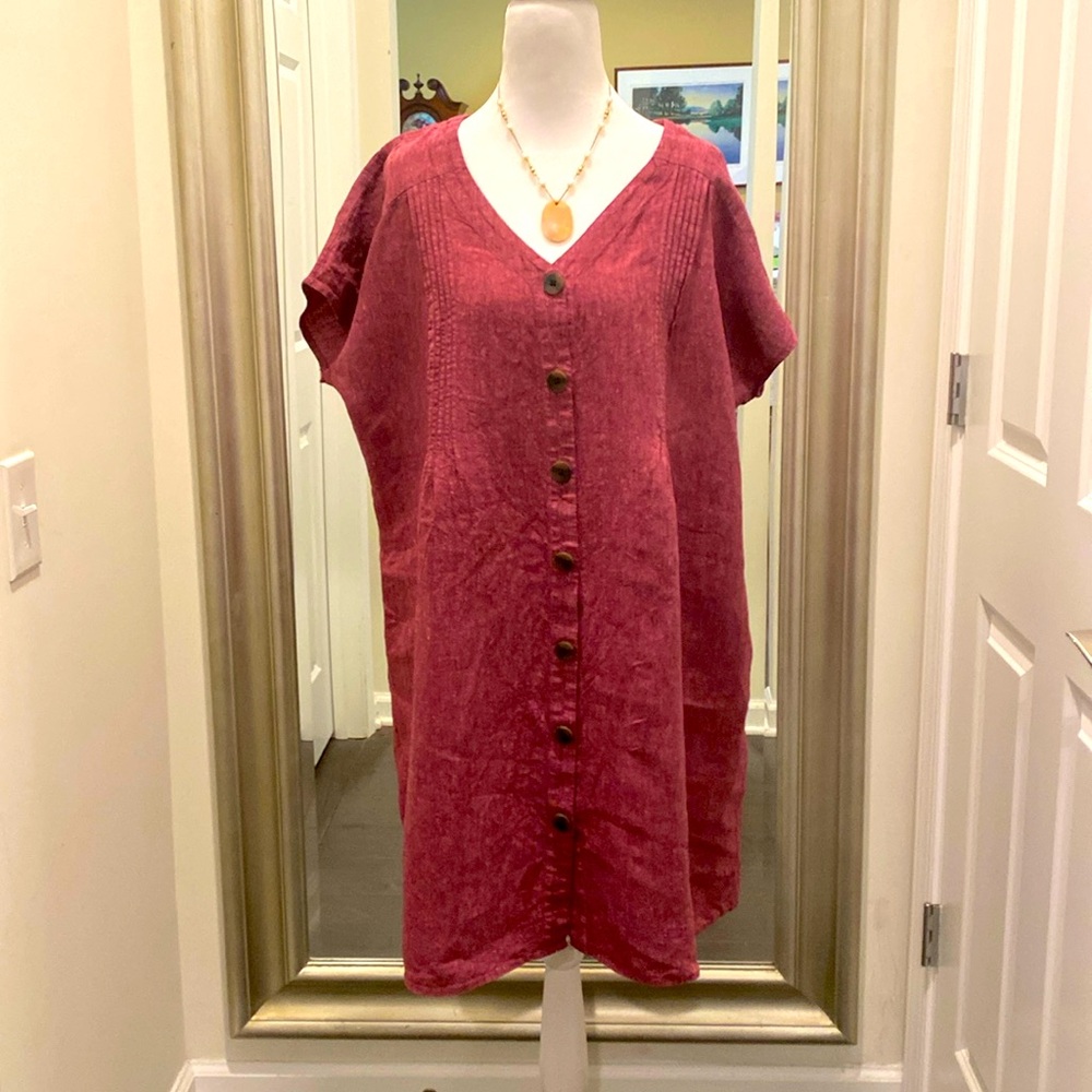 J. Jill Love Linen Raspberry Pink Button Down Shirt Dress Size Large petite